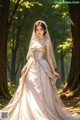 A woman in a wedding dress standing in the woods.