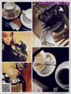 A collage of photos of a woman holding a cup of coffee.