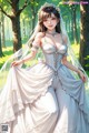 A woman in a wedding dress standing in the woods.