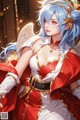 Anime girl with blue hair wearing a red and white outfit.