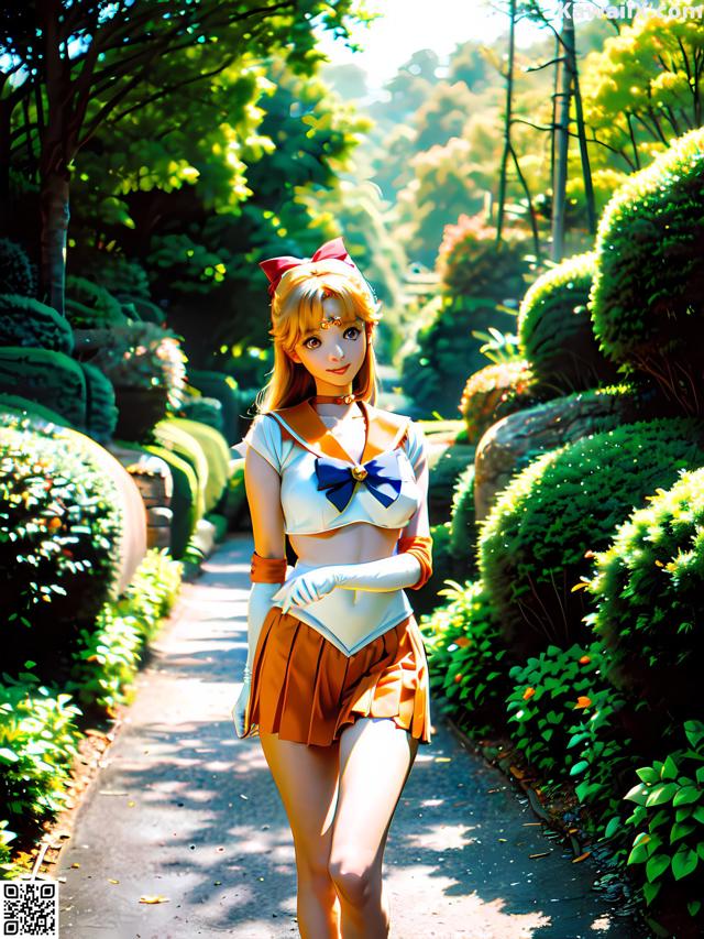 A woman in a sailor outfit walking down a path.