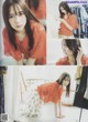 A collage of photos of a woman in a red blouse.