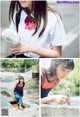 A collage of photos of a woman drinking water from a faucet.