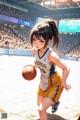 A girl in a basketball uniform holding a basketball.