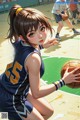 A girl in a basketball uniform holding a basketball.