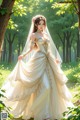 A woman in a wedding dress standing in the woods.